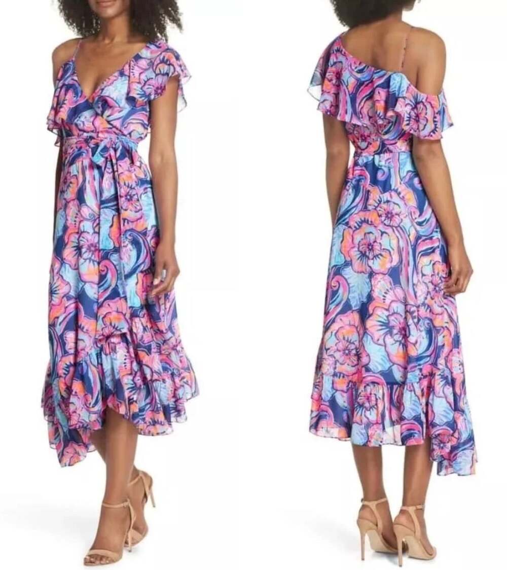 Lilly Pulitzer Marianna Wrap Midi Dress Nauti Navy Boho Bateau Sz L